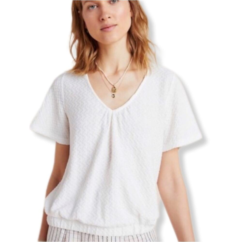 Anthro Sundays In Brooklyn Textured Knit Top Sz M White V Neck Casual Minimalist
